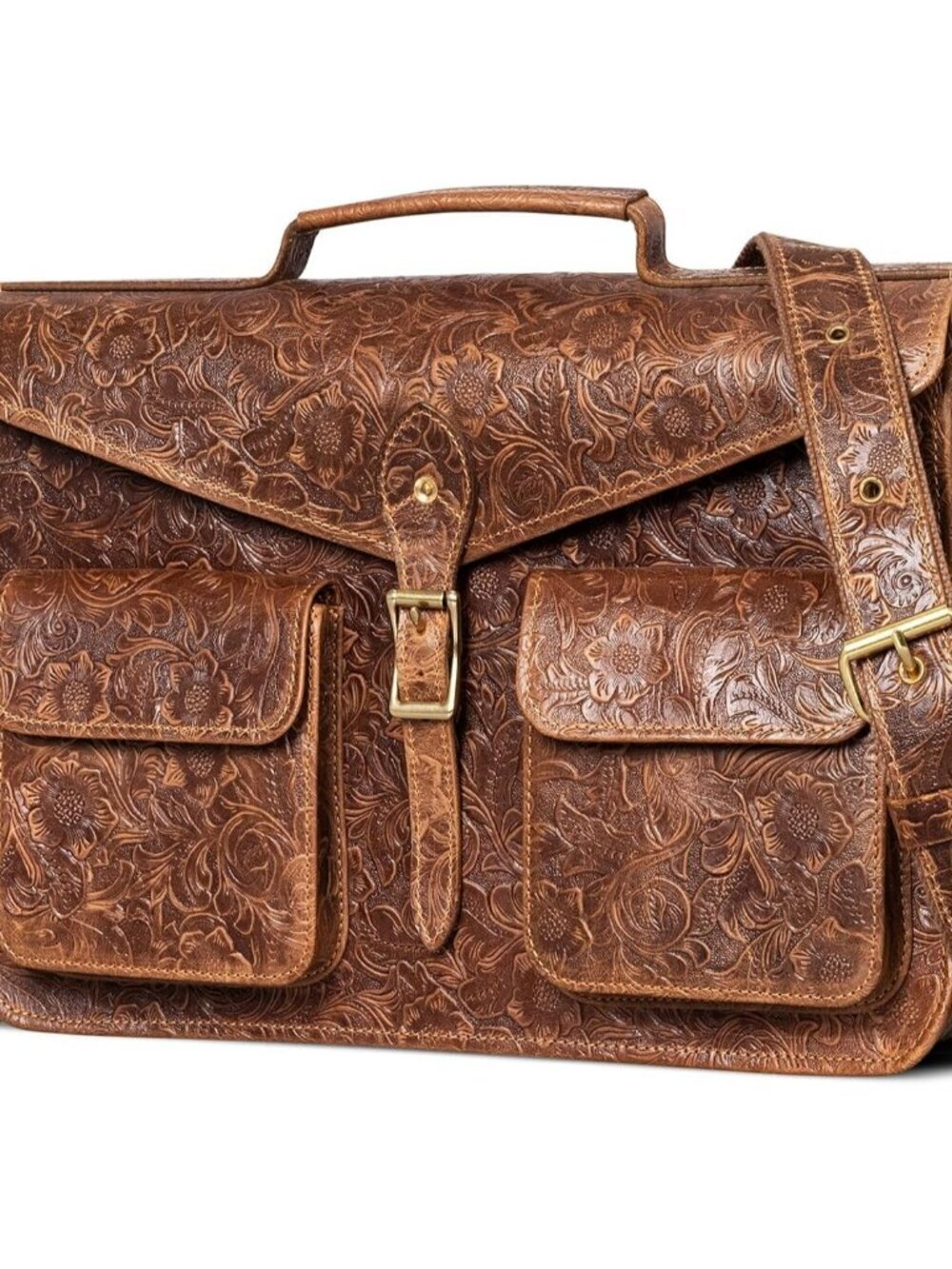 Women's Flower Brown  Leather Adjustable Strap Buckle  Messenger  Briefcase Bag